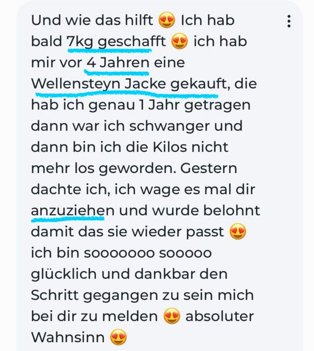 Kundinnennachricht über fast sieben Kilogramm Abnahme und eine wieder passende Jacke