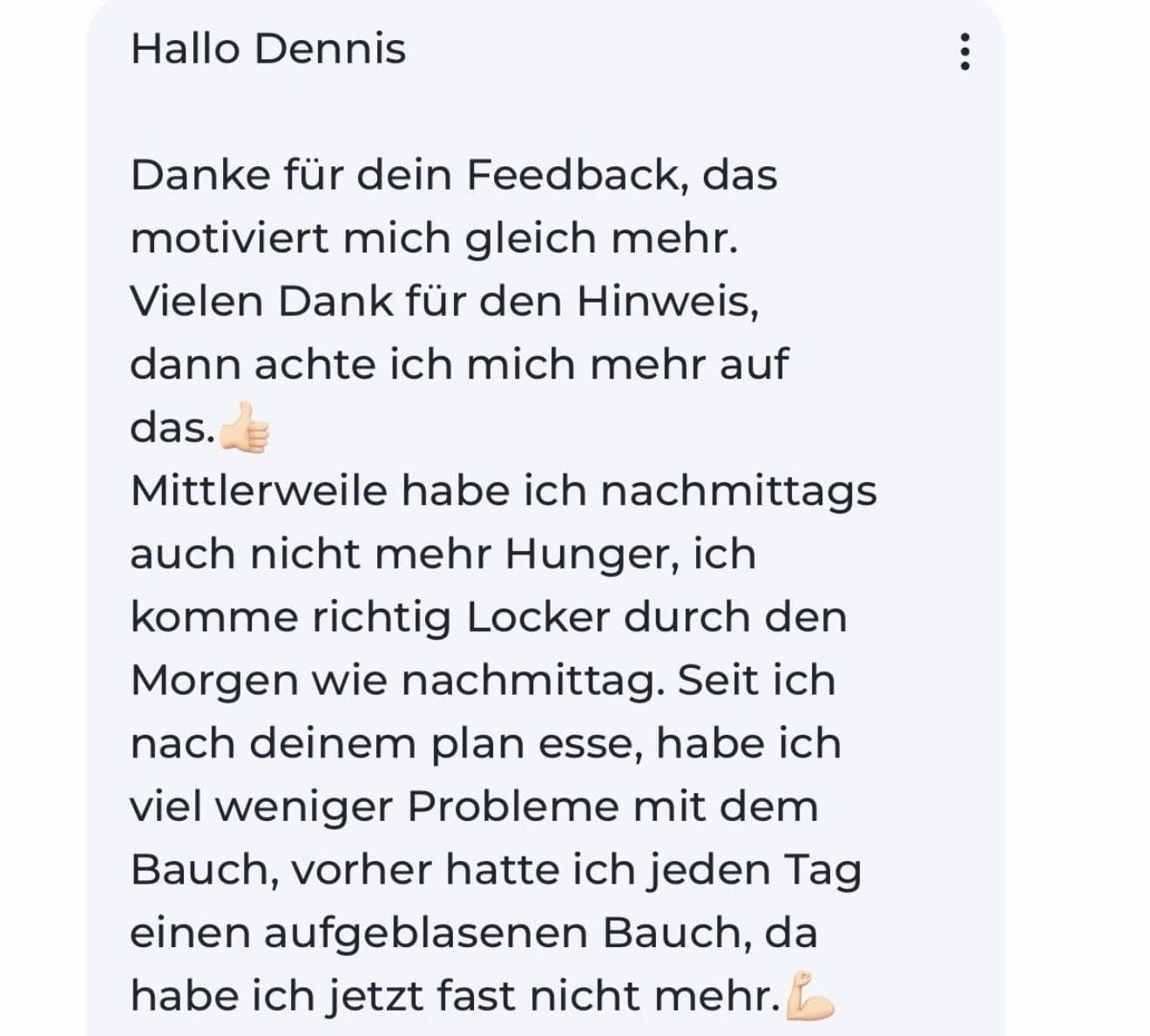 Kundinnennachricht über weniger Nachmittagshunger und Bauchprobleme