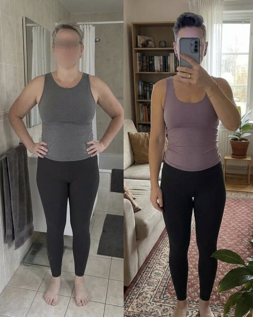 Vorher-Nachher-Transformation einer Kundin in Sportkleidung, deutlich schlanker
