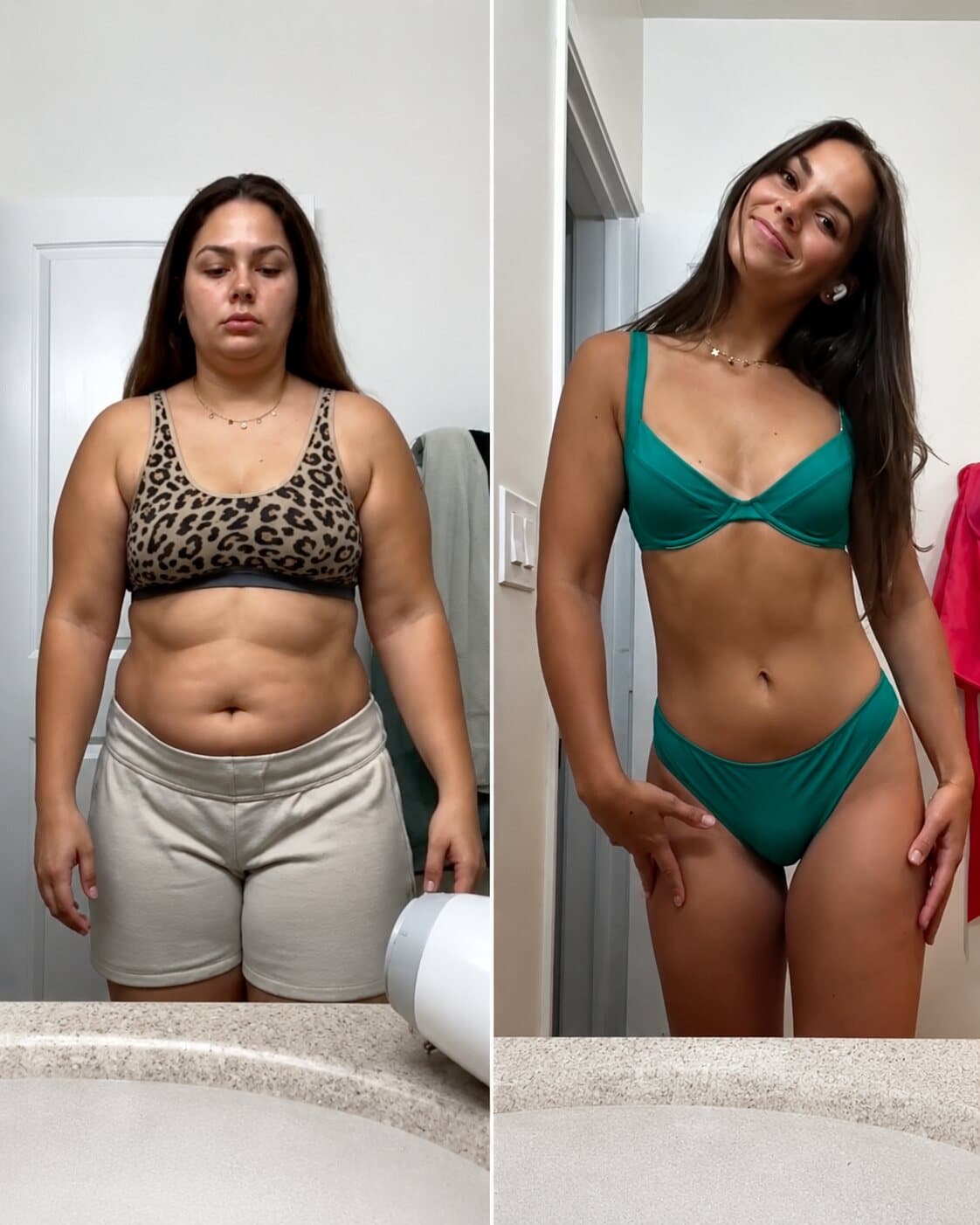 Vorher-Nachher-Transformation einer Kundin im Bikini, sichtbar definierter