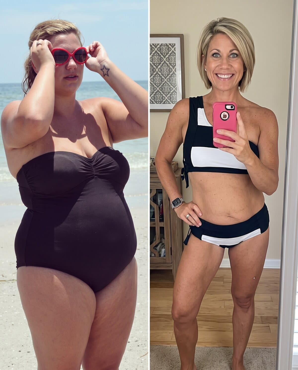 Vorher-Nachher-Transformation einer Kundin, am Strand und nach dem Coaching