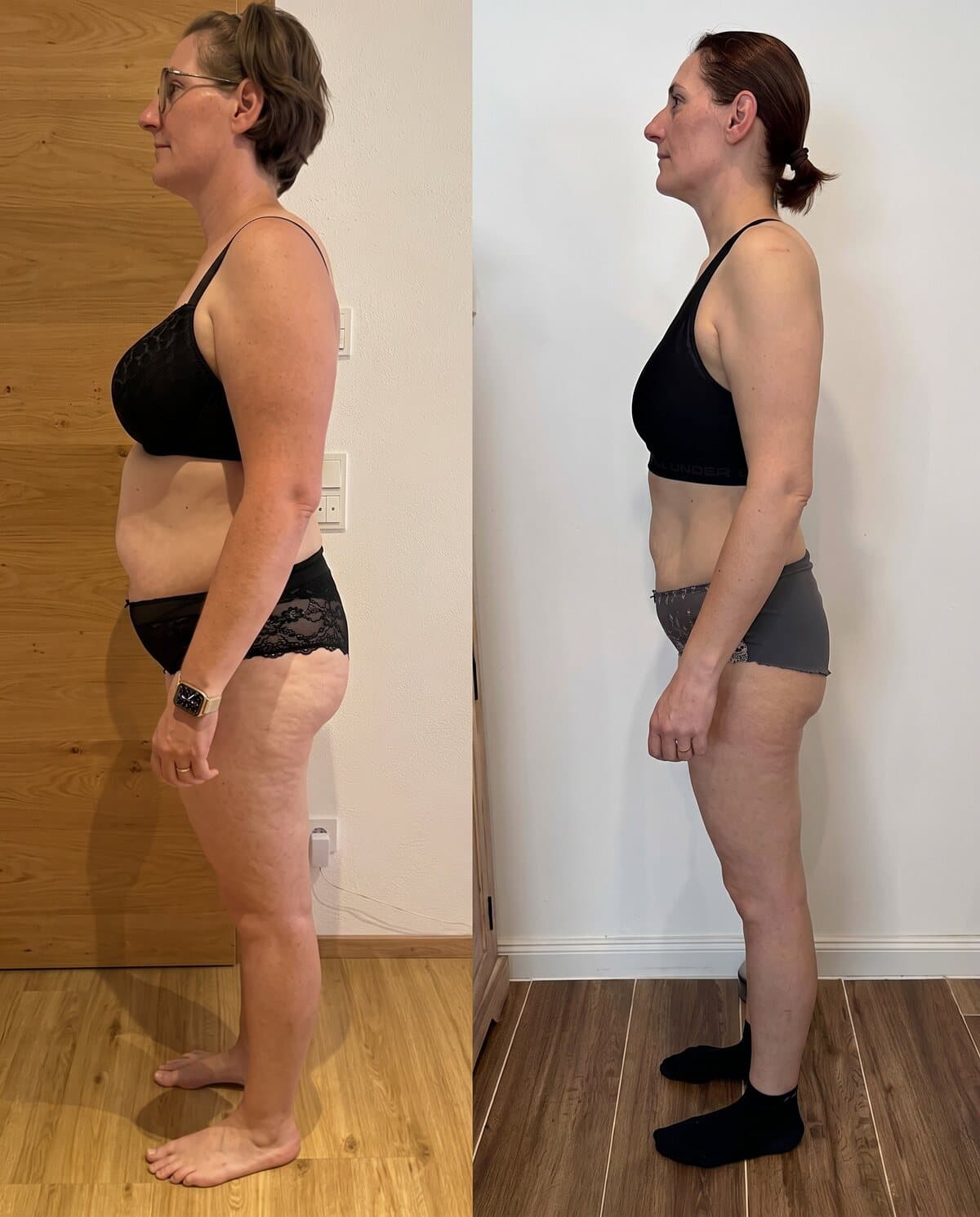Vorher-Nachher-Transformation einer Kundin im Rollstuhl, sichtbar schlanker