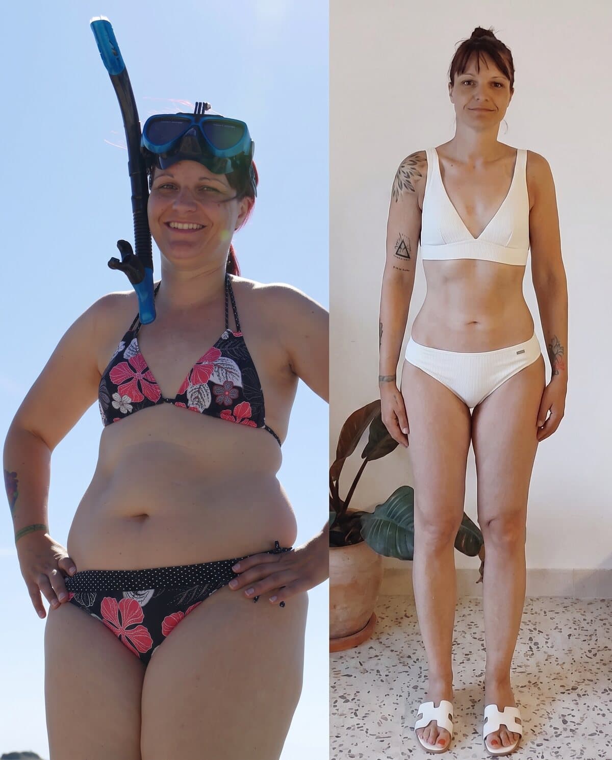 Vorher-Nachher-Transformation einer Kundin im Bikini, deutlich schlanker