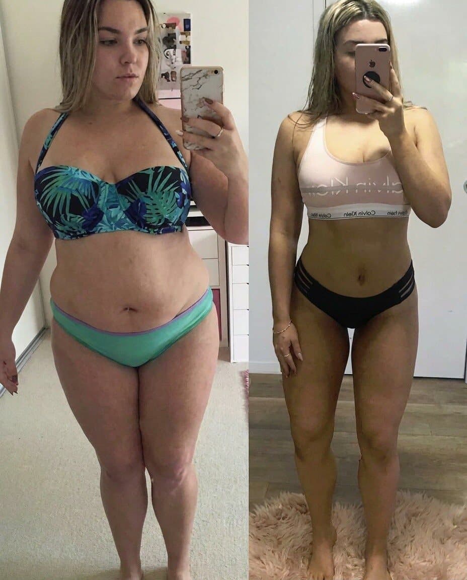 Vorher-Nachher-Transformation einer Kundin, im Bikini und in Sport-Unterwäsche, schlanker