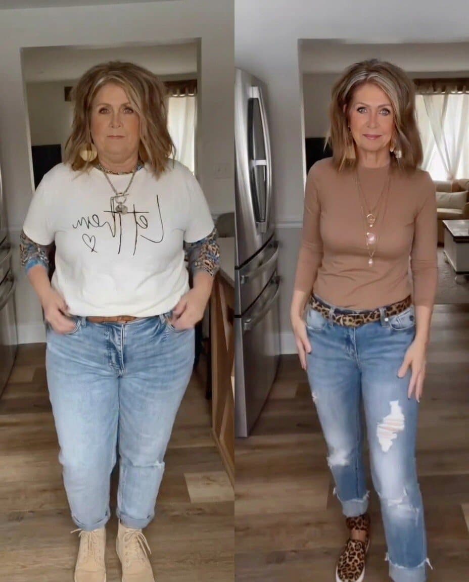 Vorher-Nachher-Transformation einer Kundin in Jeans, deutlich schlanker