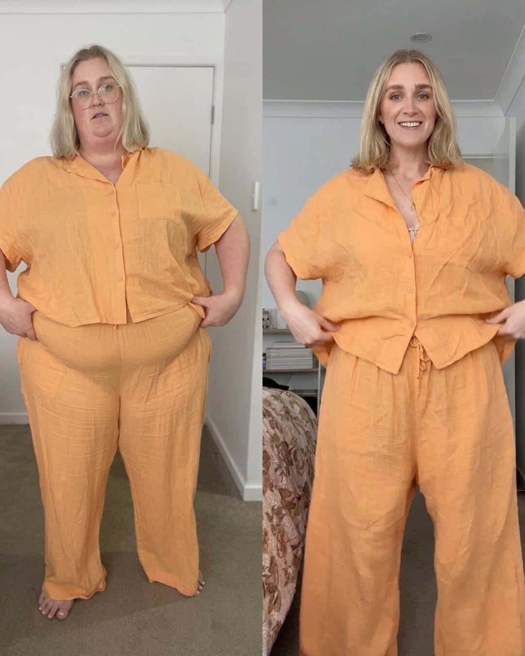 Vorher-Nachher-Transformation einer Kundin im orangefarbenen Leinen-Set, große Veränderung
