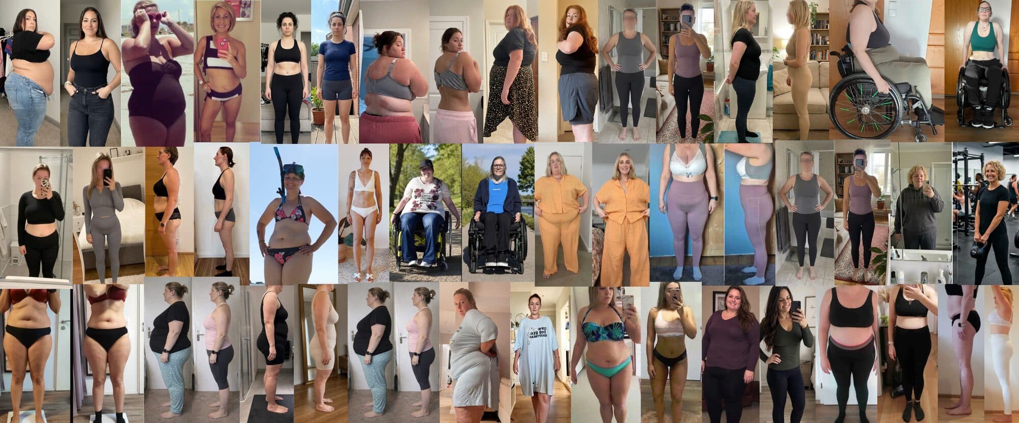 Collage aus vielen echten Vorher-Nachher-Transformationen von Kundinnen aus dem Coaching mit Dennis Felber