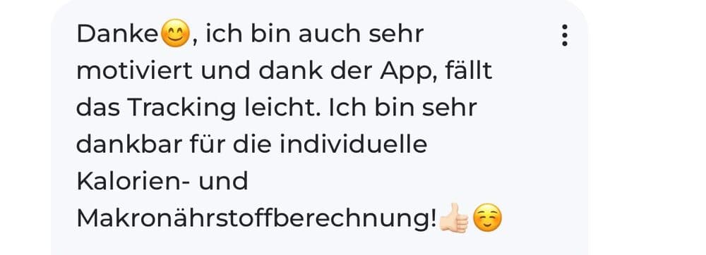 Kundinnen-Nachricht: dankbar für die individuelle Kalorien- und Makroberechnung