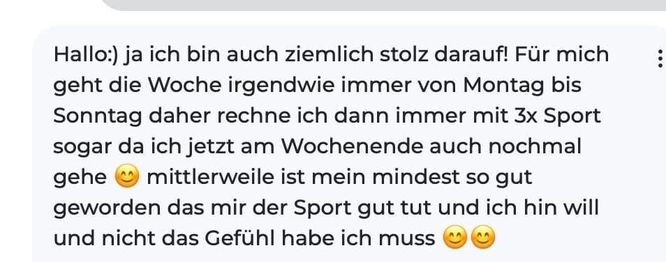 Kundinnen-Nachricht: stolz, dreimal Sport, bewusste Entscheidungen